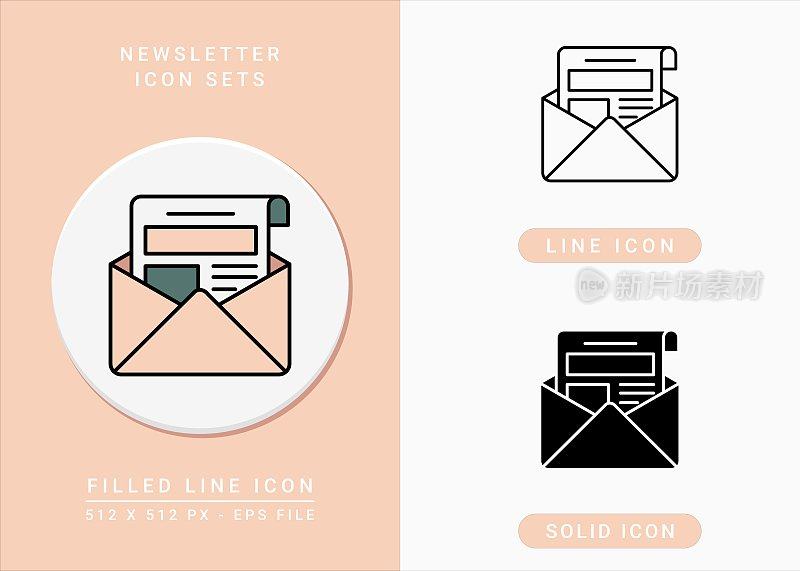 Newsletter icons set vector illustration with solid icon line style. Message and mail concept.